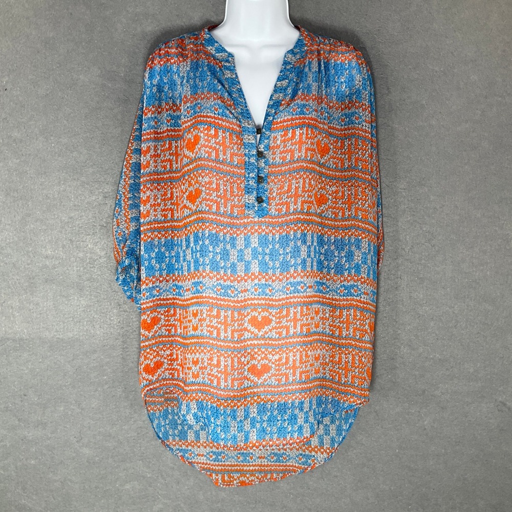 Ivy Jane Tunic Top Small Blue Orange Heart‎ Print Button Up Blouse Lightweight